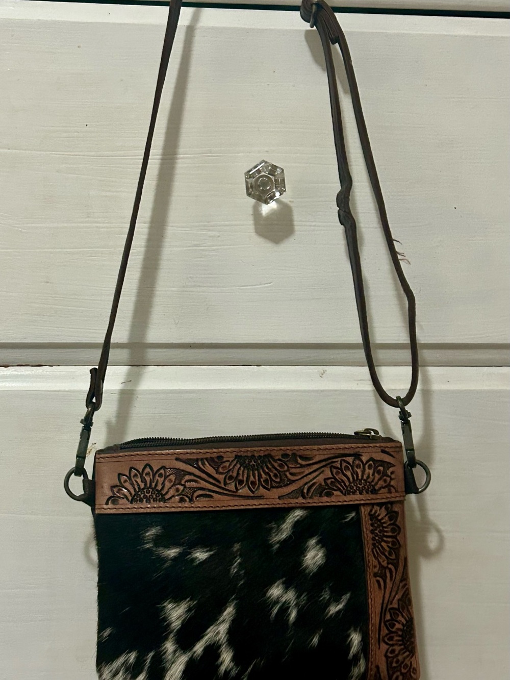 Tooled Leather and Cowhide Crossbody Bag in Brown and Black